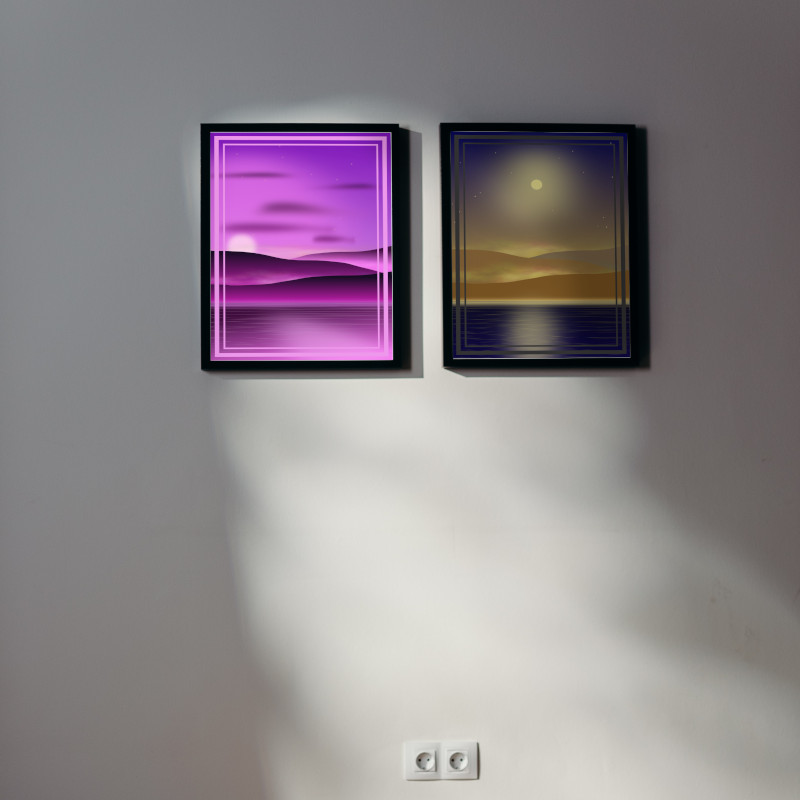 2D artwork of sunset, moon, and sunrise
