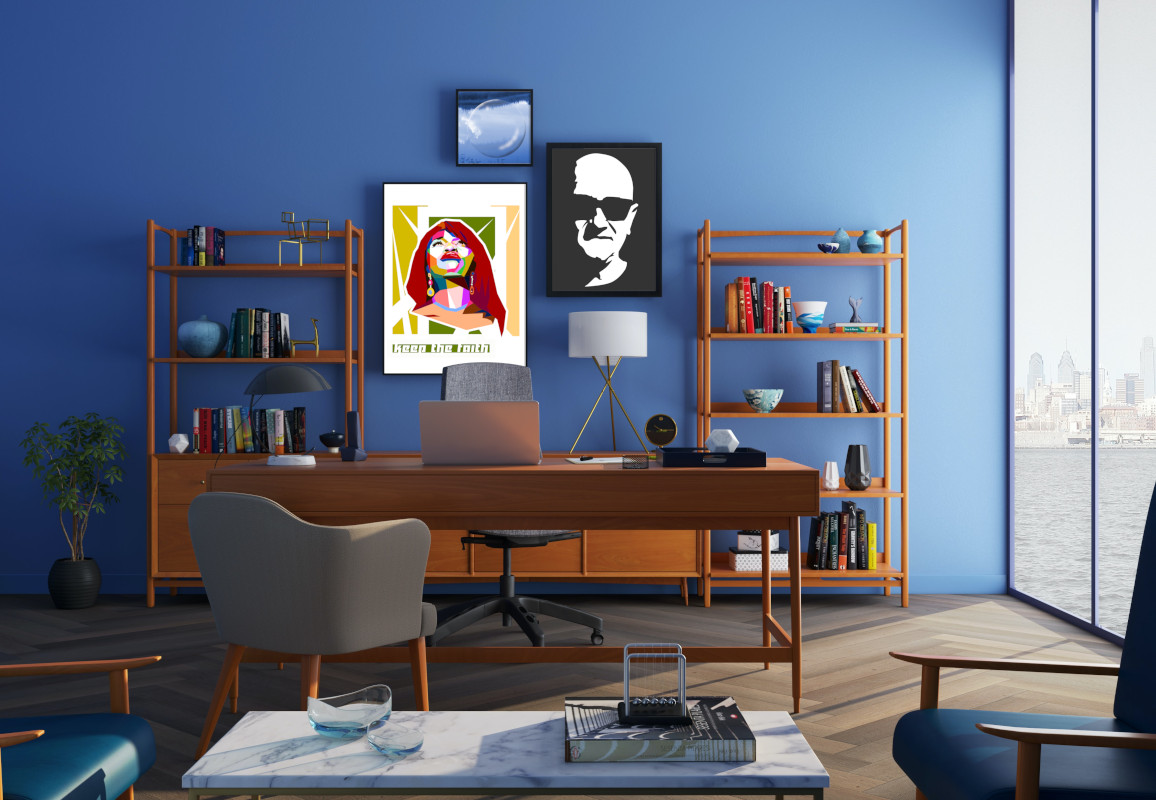 home office with shelves and artwork