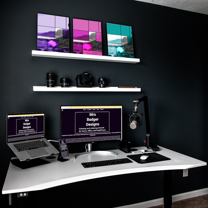 monochrome home office with duotone artwork