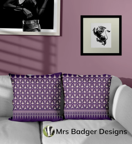 throw pillow thai pastel purple silk pattern design mrs badger designs