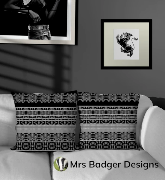 throw pillow black silver thai silk pattern design mrs badger designs