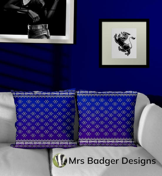 throw pillow blue purple thai silk pattern design mrs badger designs