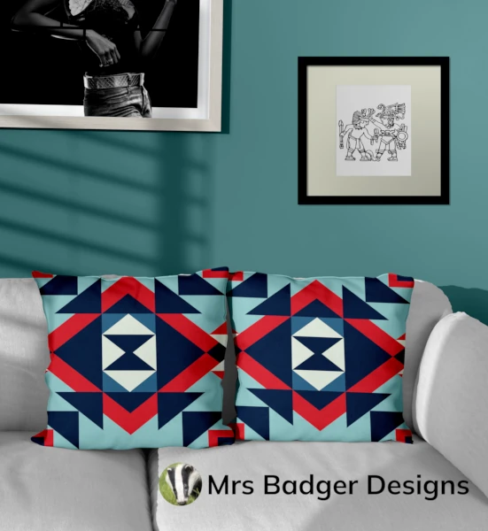 throw pillow red blue geometric hourglass  design mrs badger designs