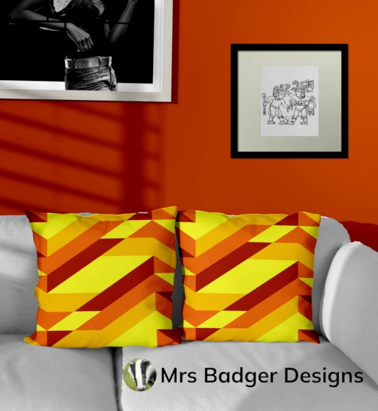 throw pillow yyellow orange gold geometric mountains design mrs badger designs