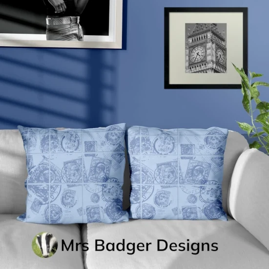 throw pillow cushion contemporary art vintage uk stamps blue 