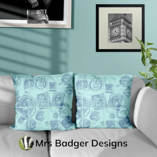 throw pillow cushion contemporary art vintage uk stamps teal 