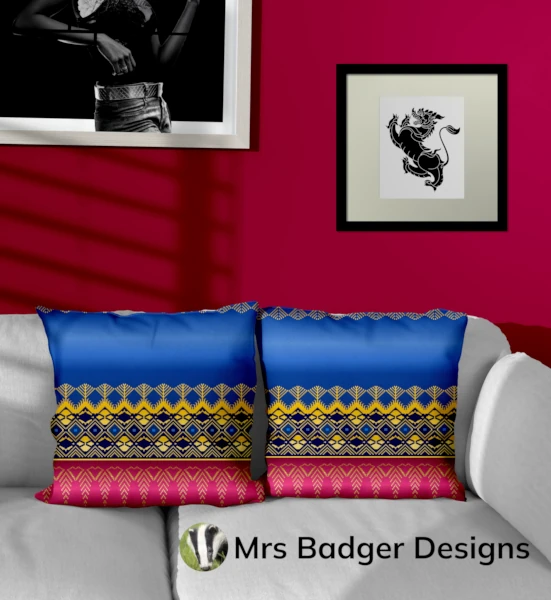throw pillow blue thai silk pattern design mrs badger designs