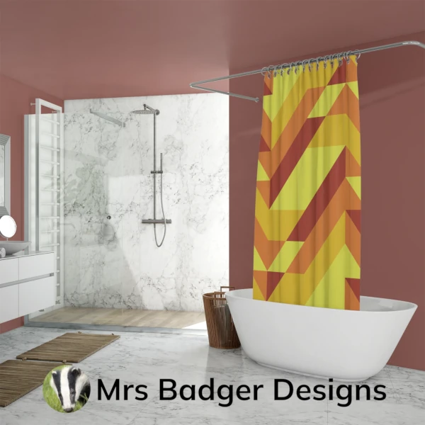 shower curtain yyellow orange gold geometric mountains design mrs badger designs