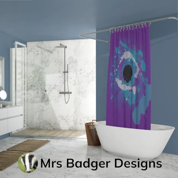 shower curtain contemporary art splatter paint teal purple