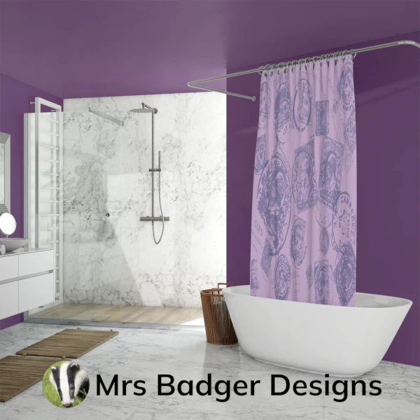 shower curtain contemporary art vintage uk stamps purple 