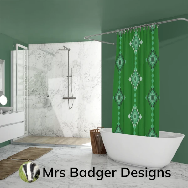 shower curtain green geometric windchimes design mrs badger designs