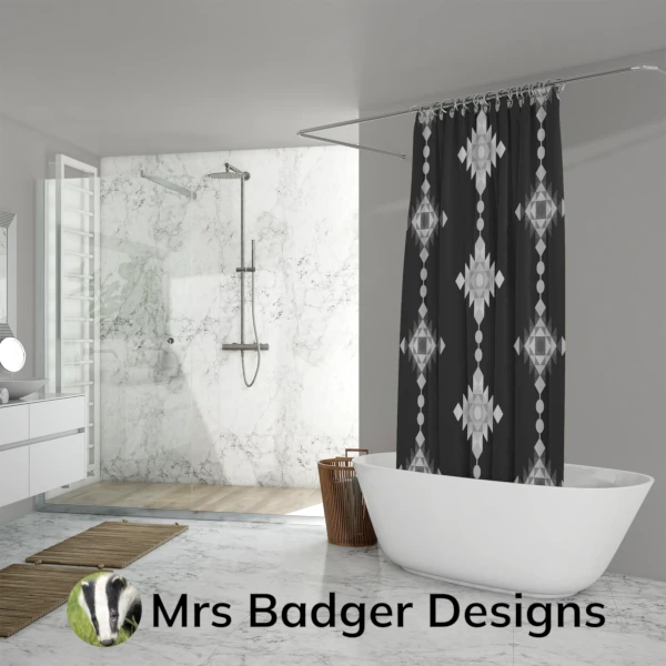 shower curtain black white silver geometric windchimes design mrs badger designs