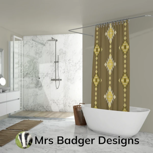 shower curtain yellow geometric windchimes design mrs badger designs