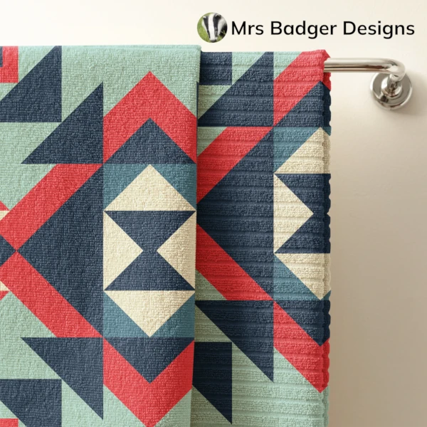 towel red blue geometric hourglass  design mrs badger designs